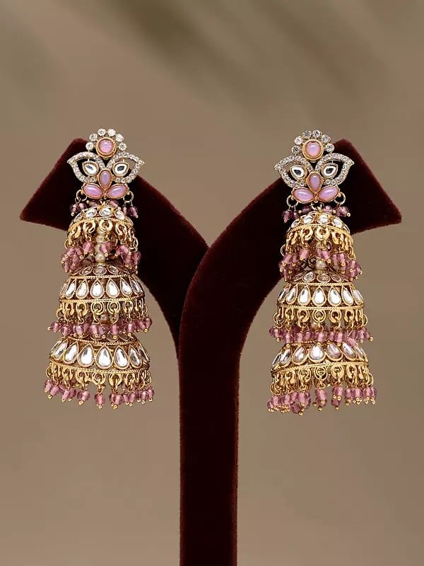 Exotic India Stone Studded Dome Shaped Triple Layer Jhumka 