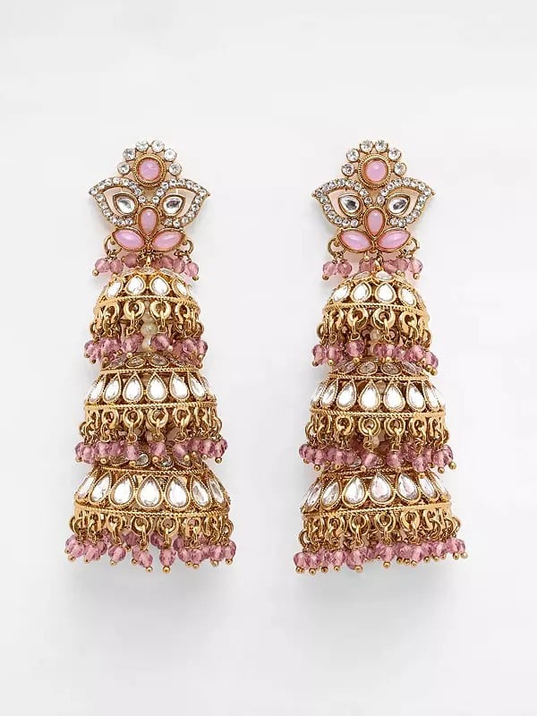 exotic india Stone Studded Dome Shaped Triple Layer Jhumka 