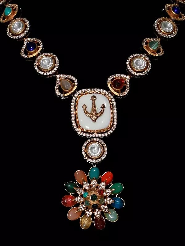 Exotic India Stone Studded Elegant Designer Multicolor Necklace Set With Earrings