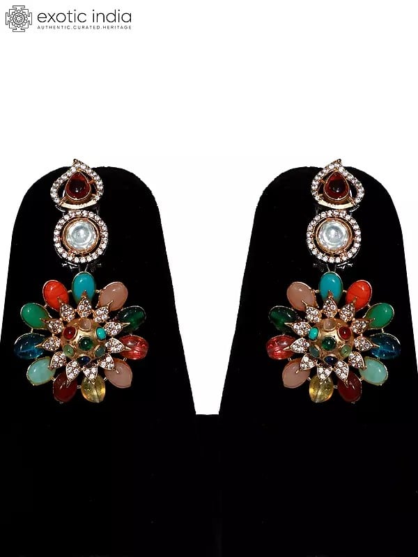 Exotic India Stone Studded Elegant Designer Multicolor Necklace Set With Earrings