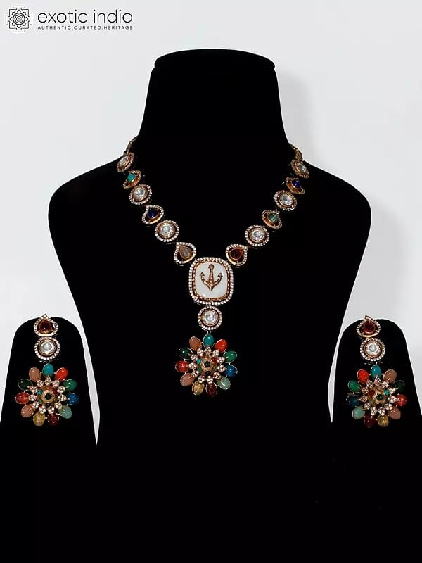 exotic india Stone Studded Elegant Designer Multicolor Necklace Set With Earrings 