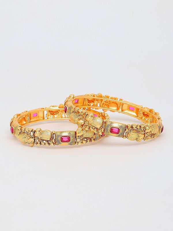 Exotic India Stone Studded Elephant Design Brass Bangles