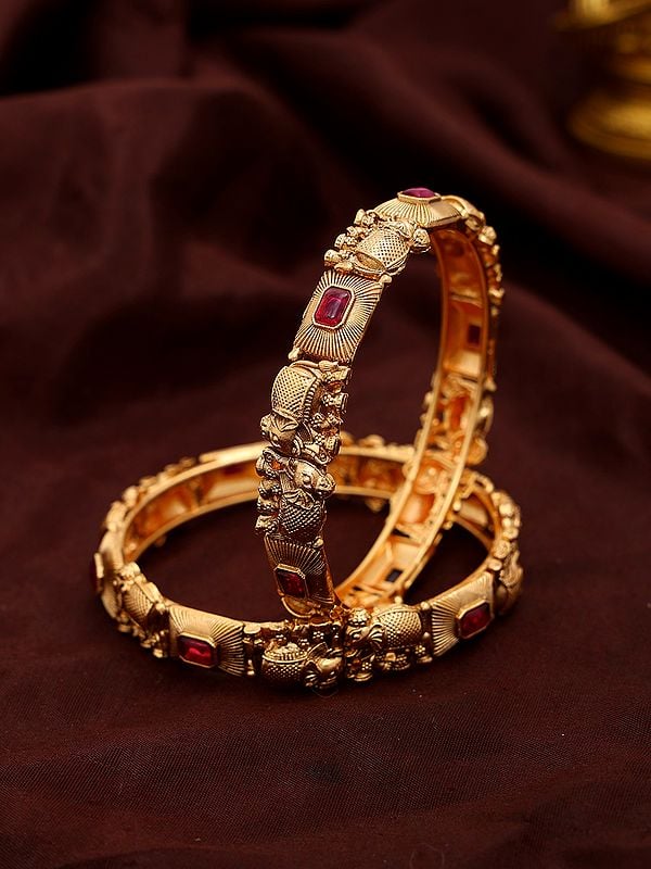 exotic india Stone Studded Elephant Design Brass Bangles