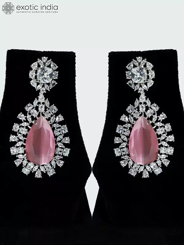 Exotic India Stone Studded Floral Design American Diamond Necklace Set With Earrings