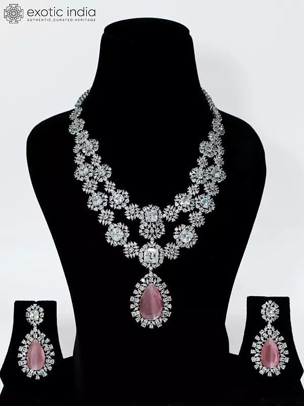 exotic india Stone Studded Floral Design American Diamond Necklace Set With Earrings 