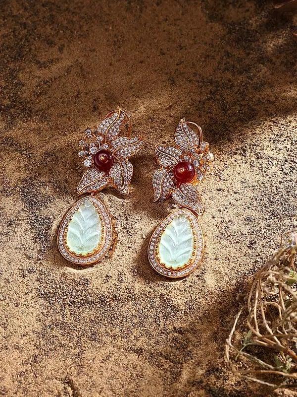 Exotic India Stone Studded Floral Design Drop Earrings 