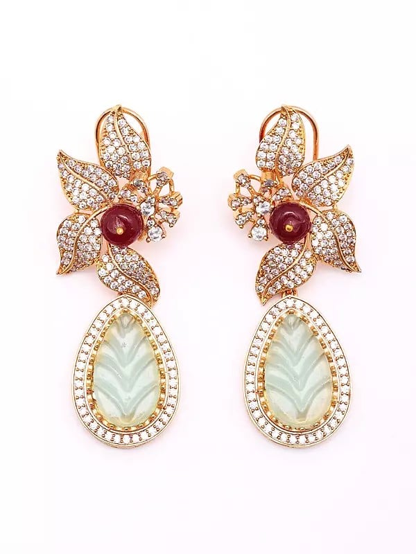 exotic india Stone Studded Floral Design Drop Earrings 