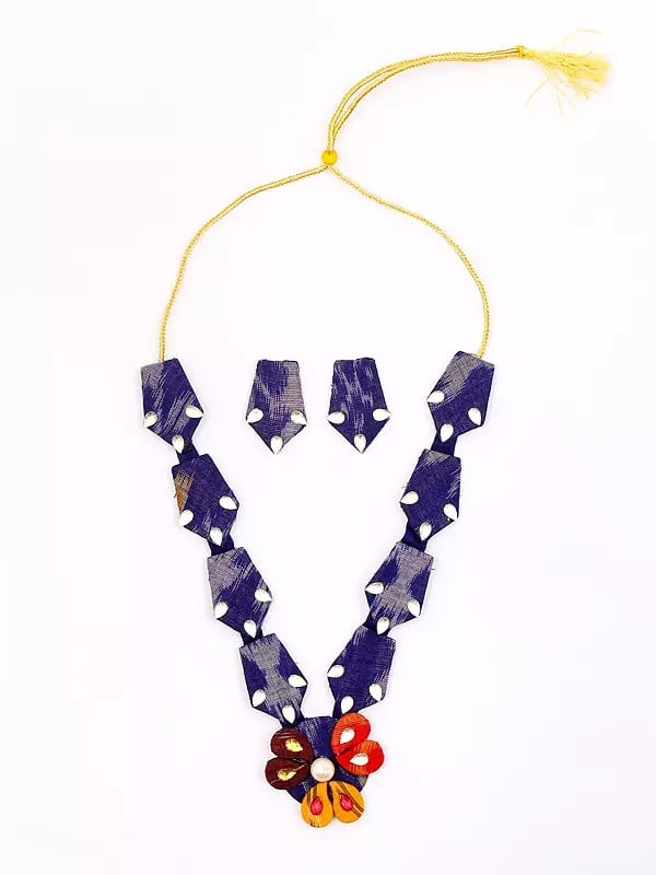 Exotic India Stone Studded Floral Design Handloom Sambalpuri Fabric Necklace And Earrings Set 