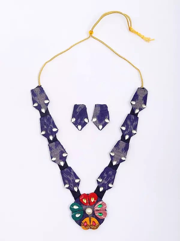 Exotic India Stone Studded Floral Design Handloom Sambalpuri Fabric Necklace And Earrings Set