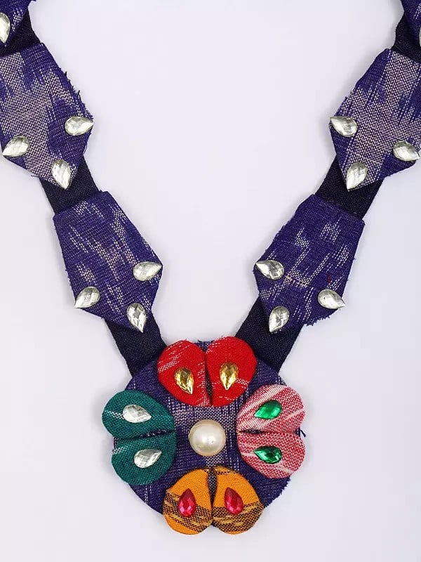 Exotic India Stone Studded Floral Design Handloom Sambalpuri Fabric Necklace And Earrings Set