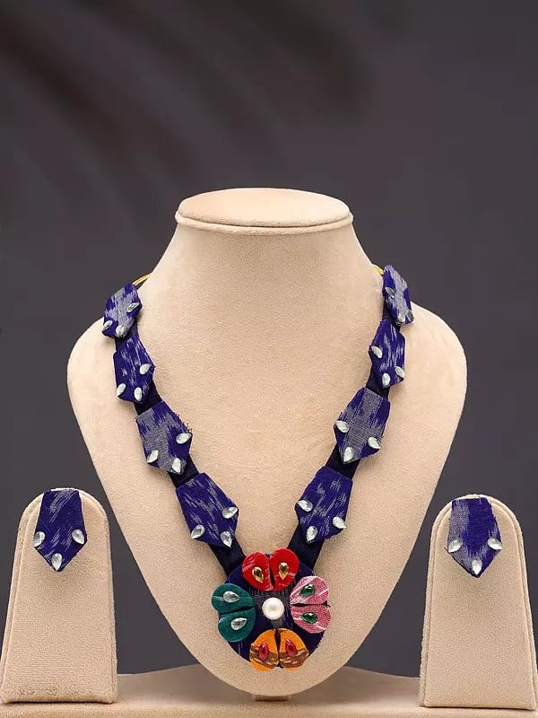 exotic india Stone Studded Floral Design Handloom Sambalpuri Fabric Necklace and Earrings Set
