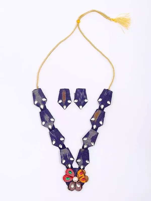 Exotic India Stone Studded Floral Design Handloom Sambalpuri Fabric Necklace And Earrings Set 