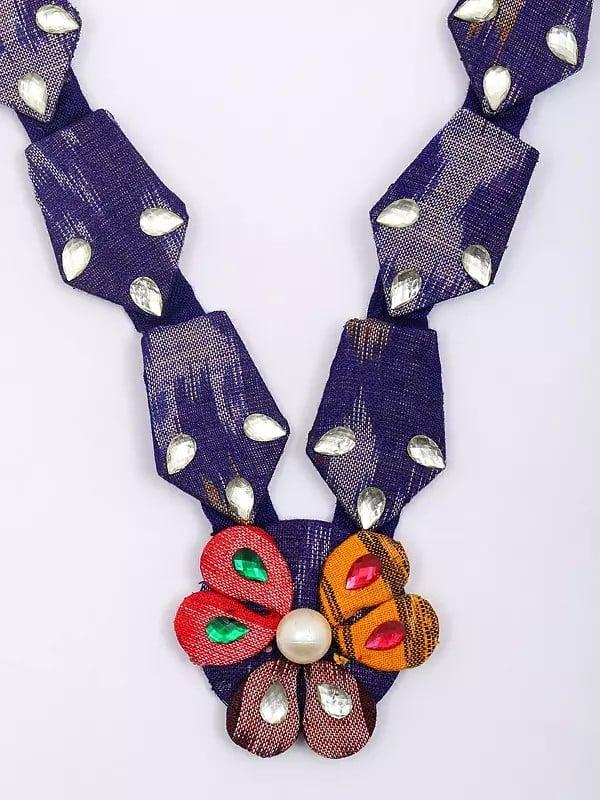 Exotic India Stone Studded Floral Design Handloom Sambalpuri Fabric Necklace And Earrings Set 