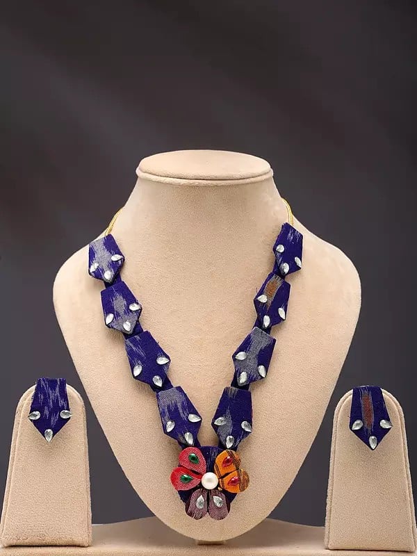 exotic india Stone Studded Floral Design Handloom Sambalpuri Fabric Necklace and Earrings Set 