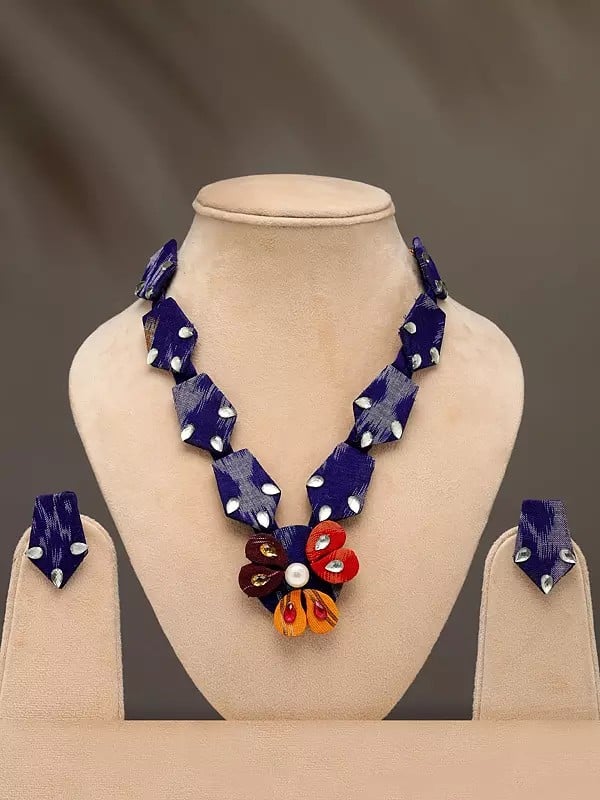exotic india Stone Studded Floral Design Handloom Sambalpuri Fabric Necklace and Earrings Set 