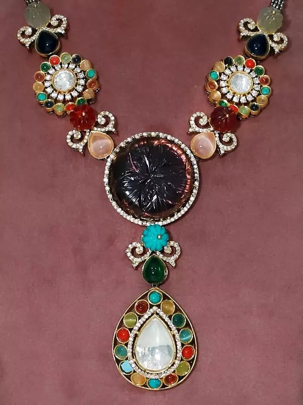 Exotic India Stone Studded Floral Design Long Necklace Set With Earrings