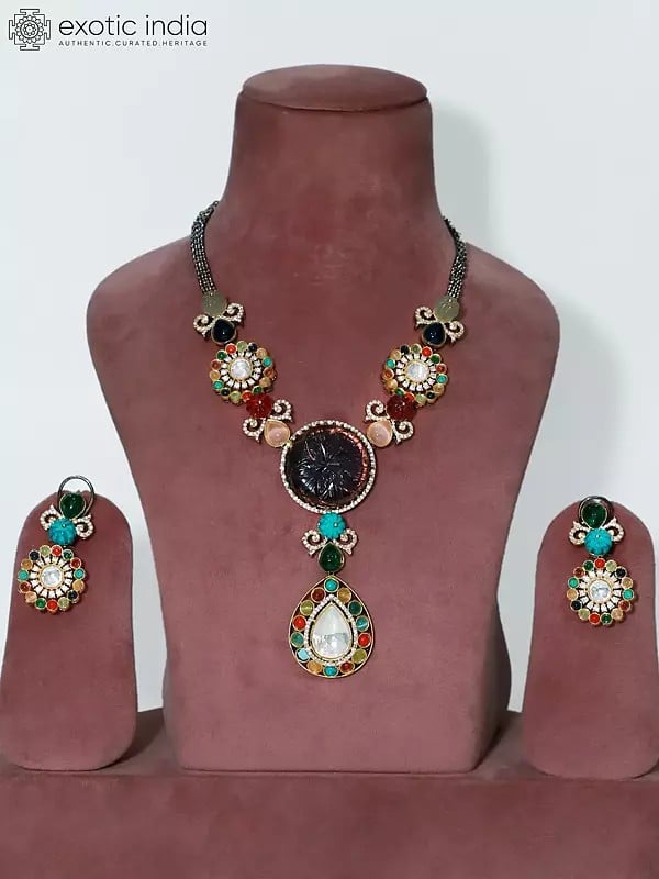 exotic india Stone Studded Floral Design Long Necklace Set With Earrings