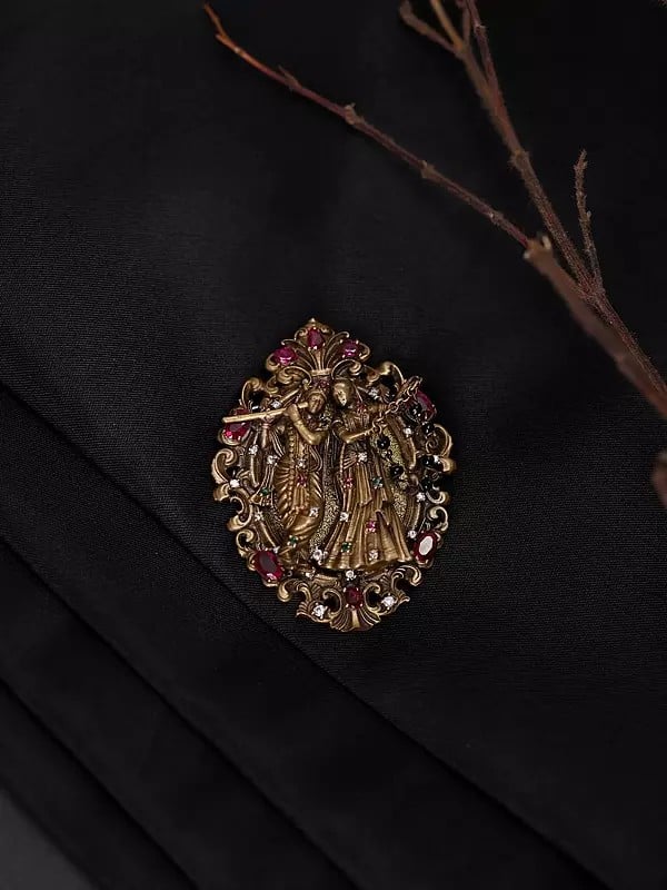 Exotic India Stone Studded Fluting Radha Krishna Brooch 