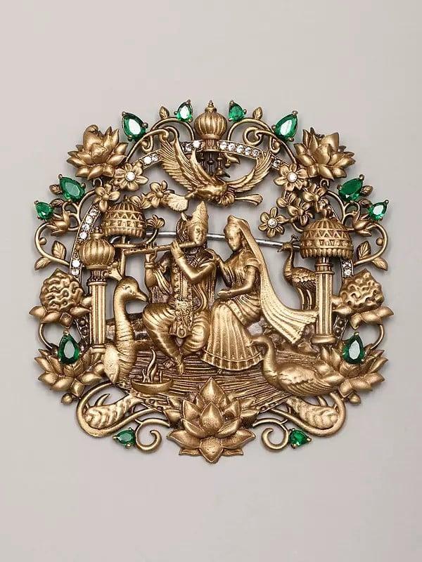 exotic india Stone Studded Fluting Radha Krishna Brooch 