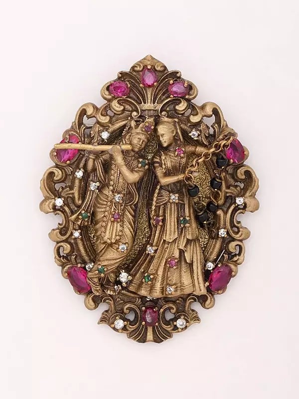 exotic india Stone Studded Fluting Radha Krishna Brooch 