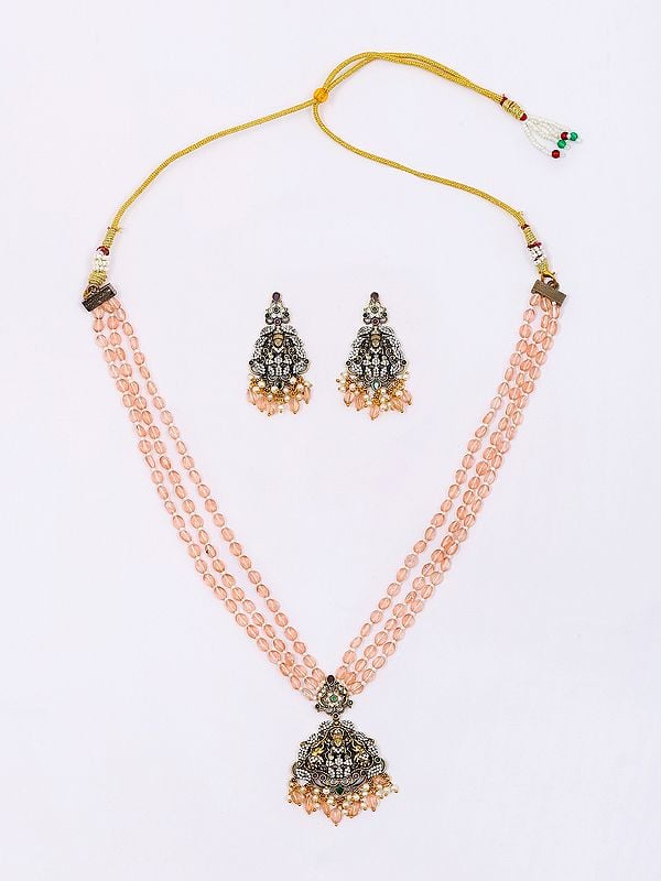 Exotic India Stone Studded Goddess Gajalakshmi Long Necklace And Earrings Set With Beaded Three Strand 