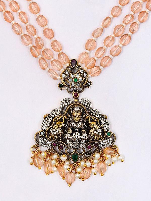 Exotic India Stone Studded Goddess Gajalakshmi Long Necklace And Earrings Set With Beaded Three Strand 