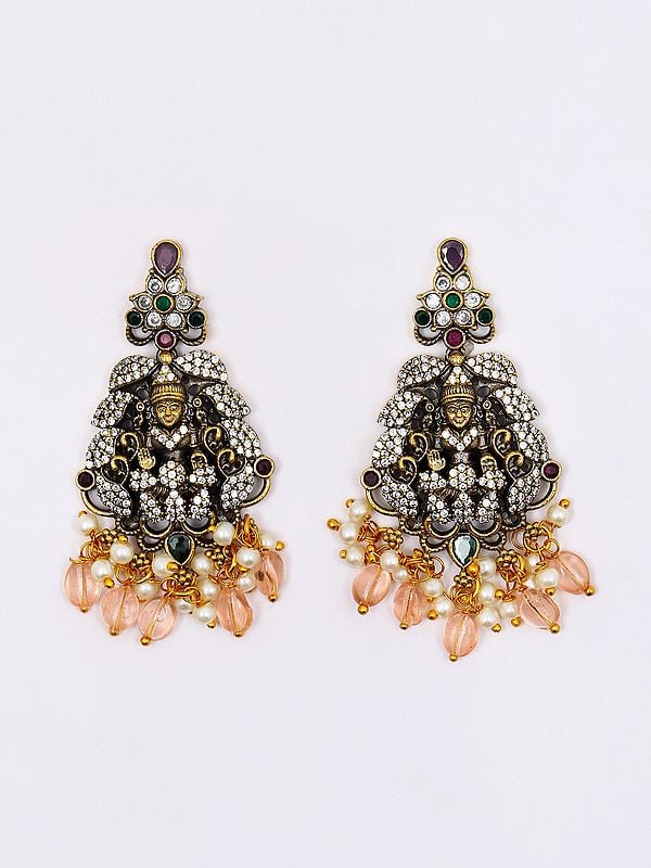Exotic India Stone Studded Goddess Gajalakshmi Long Necklace And Earrings Set With Beaded Three Strand 