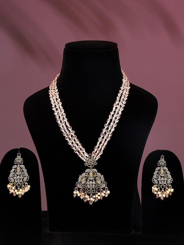 exotic india Stone Studded Goddess Gajalakshmi Long Necklace and Earrings Set with Beaded Three Strand 