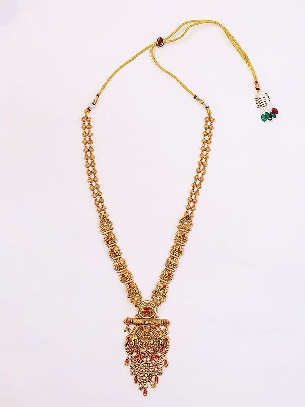 Exotic India Stone Studded Goddess Gajalakshmi Long Necklace Set With Earrings
