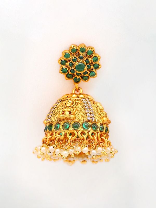 Exotic India Stone Studded Goddess Lakshmi Engraved Jhumka