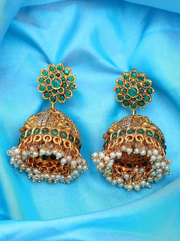 Exotic India Stone Studded Goddess Lakshmi Engraved Jhumka