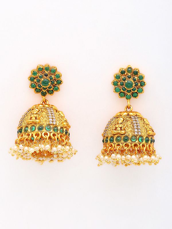 exotic india Stone Studded Goddess Lakshmi Engraved Jhumka 