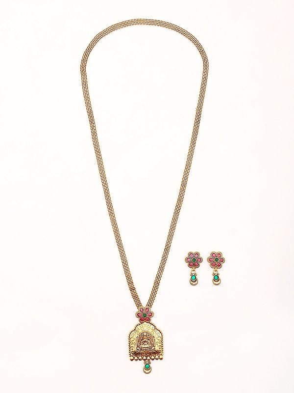 Exotic India Stone Studded Goddess Lakshmi Long Necklace And Earrings Set 