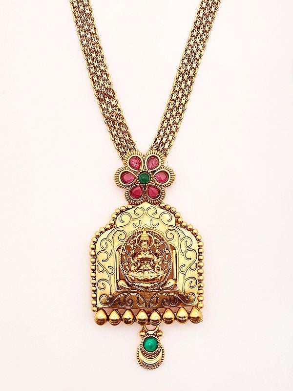 Exotic India Stone Studded Goddess Lakshmi Long Necklace And Earrings Set 