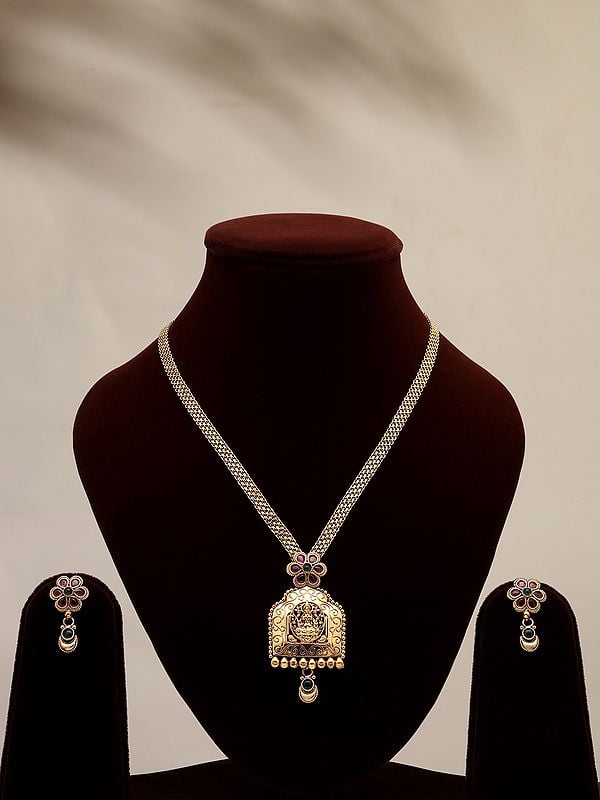 exotic india Stone Studded Goddess Lakshmi Long Necklace and Earrings Set 