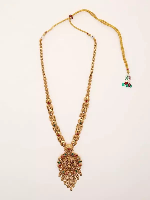 Exotic India Stone Studded Goddess Lakshmi Long Necklace Set With Earrings 