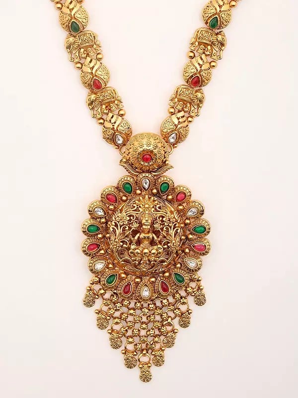 Exotic India Stone Studded Goddess Lakshmi Long Necklace Set With Earrings 