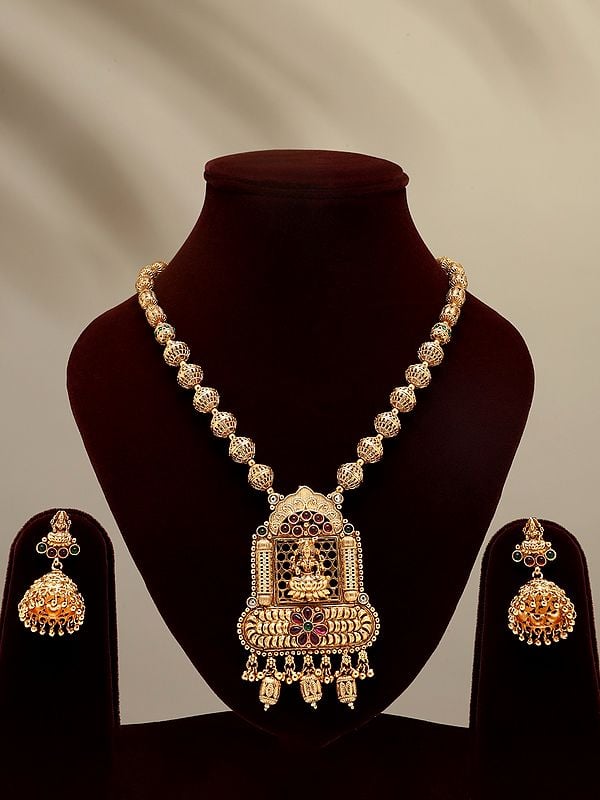 exotic india Stone Studded Goddess Lakshmi Necklace and Earring Set 