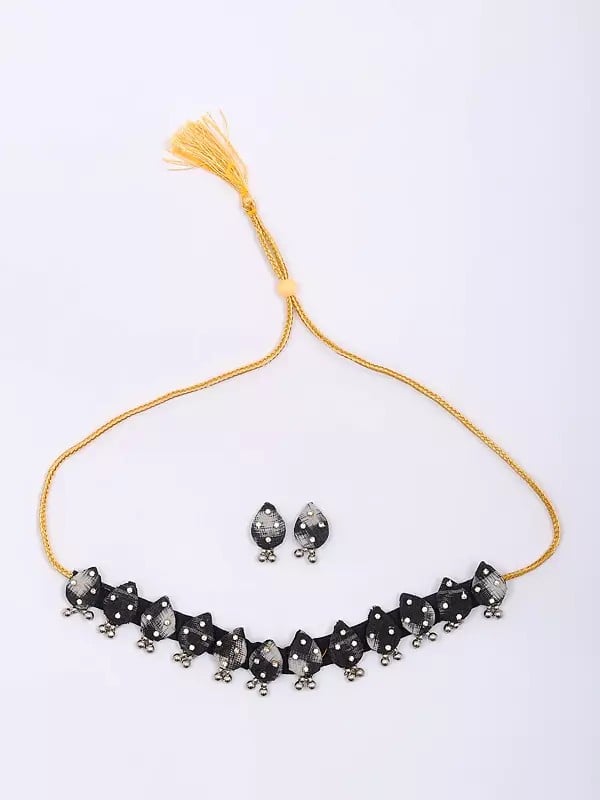 Exotic India Stone Studded Handloom Sambalpuri Fabric Choker And Earrings Set 