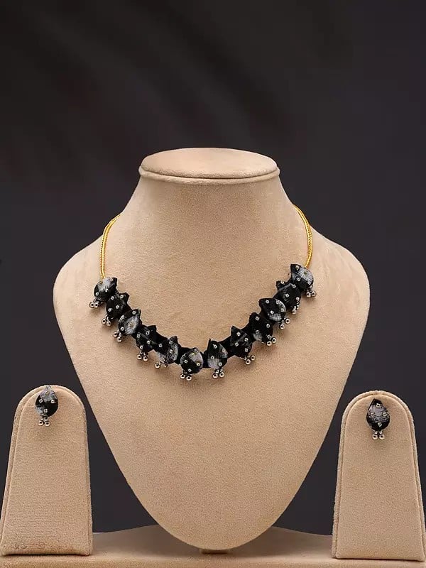 exotic india Stone Studded Handloom Sambalpuri Fabric Choker and Earrings Set 