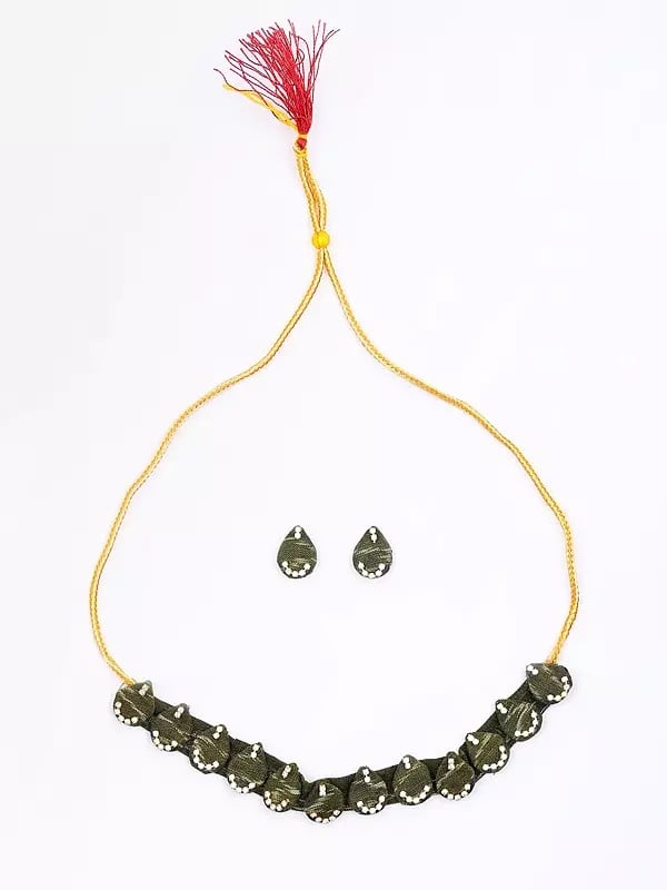 Exotic India Stone Studded Handloom Sambalpuri Fabric Choker & Earrings Set