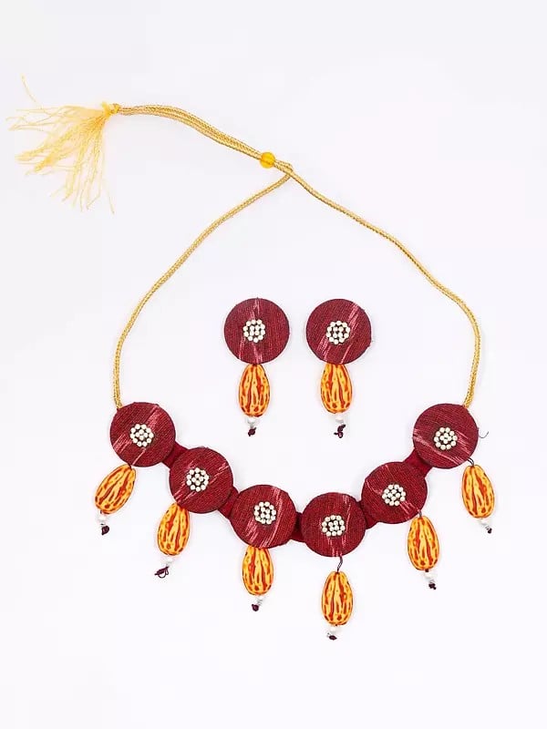 Exotic India Stone Studded Handloom Sambalpuri Fabric Choker & Earrings Set With Dangling Stones 
