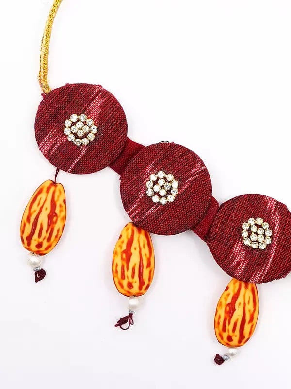 Exotic India Stone Studded Handloom Sambalpuri Fabric Choker & Earrings Set With Dangling Stones 