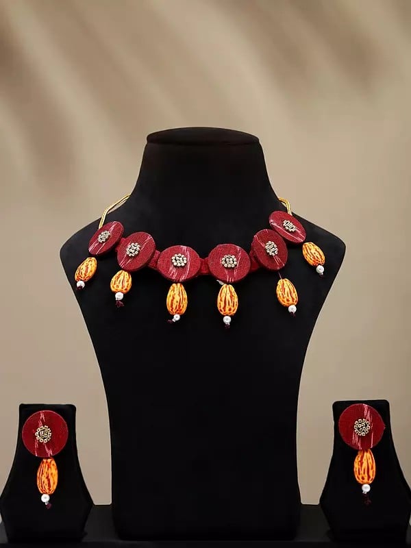 exotic india Stone Studded Handloom Sambalpuri Fabric Choker & Earrings Set with Dangling Stones