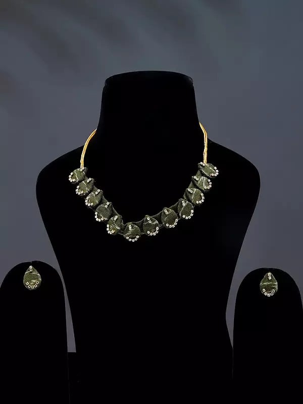 exotic india Stone Studded Handloom Sambalpuri Fabric Choker & Earrings Set