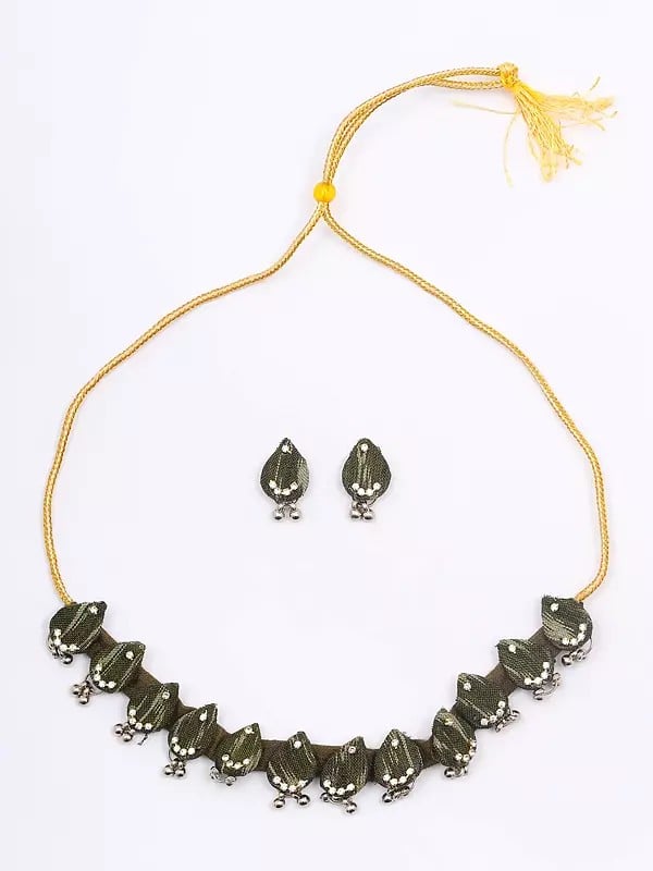 Exotic India Stone Studded Handloom Sambalpuri Fabric Choker Set With Earrings With Dangling Beads 