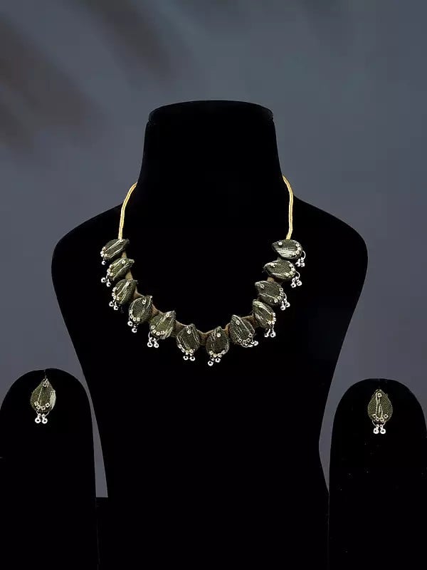 exotic india Stone Studded Handloom Sambalpuri Fabric Choker Set with Earrings with Dangling Beads