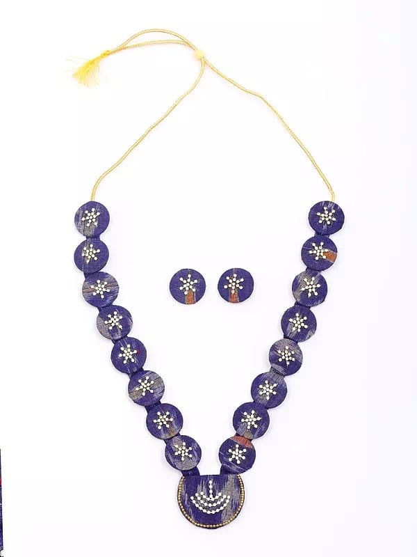 Exotic India Stone Studded Handloom Sambalpuri Fabric Long Necklace And Earrings Set