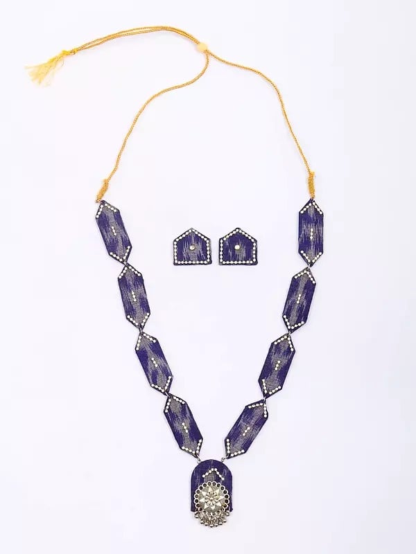 Exotic India Stone Studded Handloom Sambalpuri Fabric Long Necklace And Earrings Set 