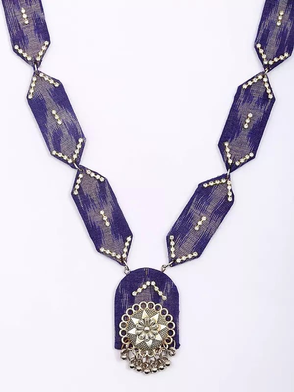 Exotic India Stone Studded Handloom Sambalpuri Fabric Long Necklace And Earrings Set 